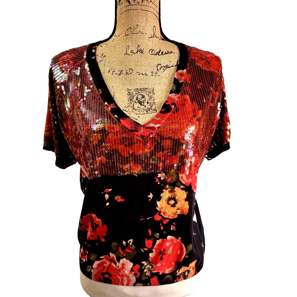 TWIN-SET by Simona Barbieri Women Sequined Sweater SZ L Floral Deep V-Neck Top